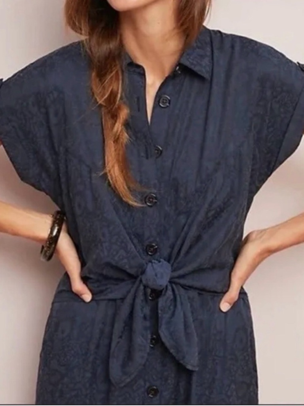 Anthropologie Navy Textured Tie-Front Jumpsuit | Size 8 |